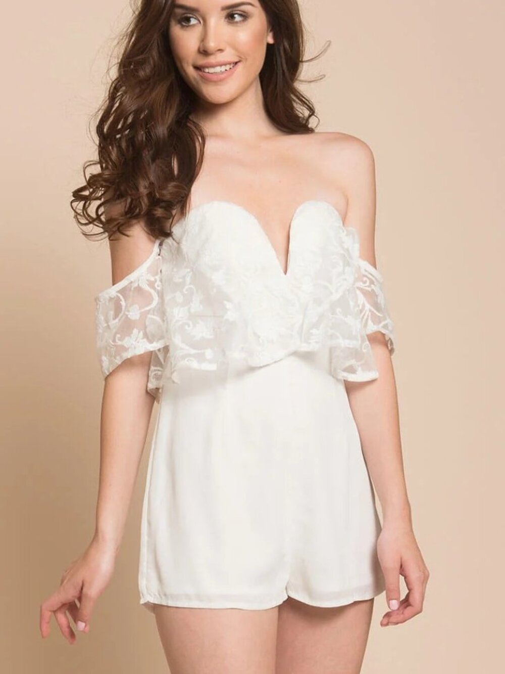 Selfie Leslie Embroidered Lace Plunge V Wire Off Shoulder Chiffon Romper